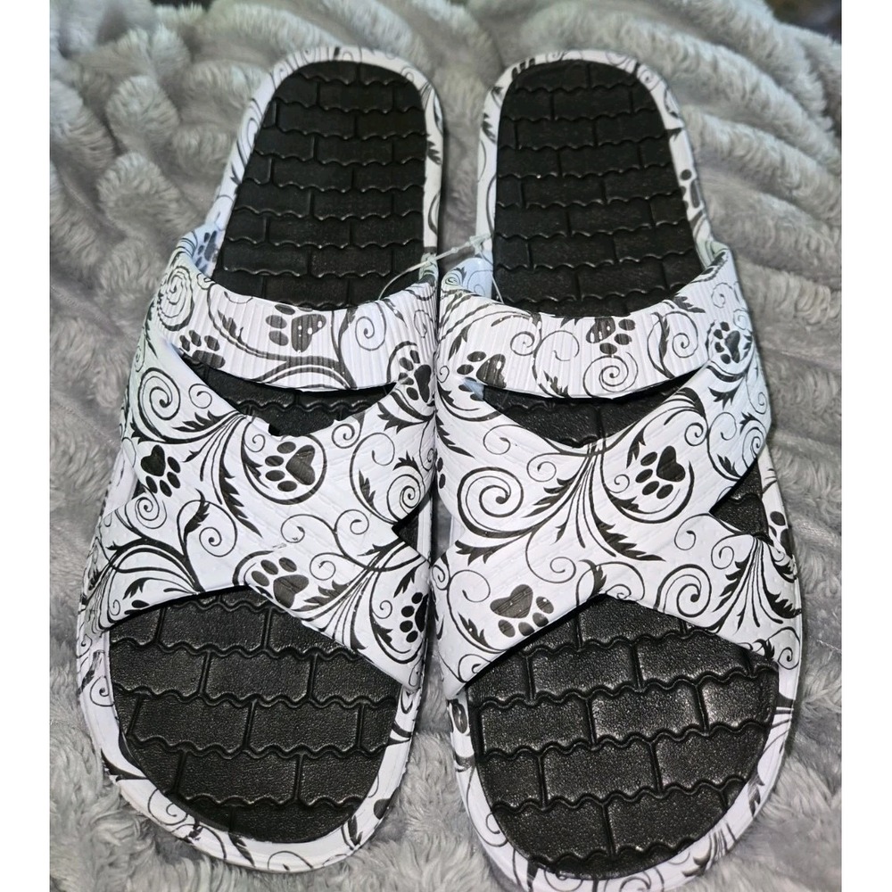 Celebration Paws Black Swirl Criss Cross Sandals EVA Slides Floral Paw Print 10